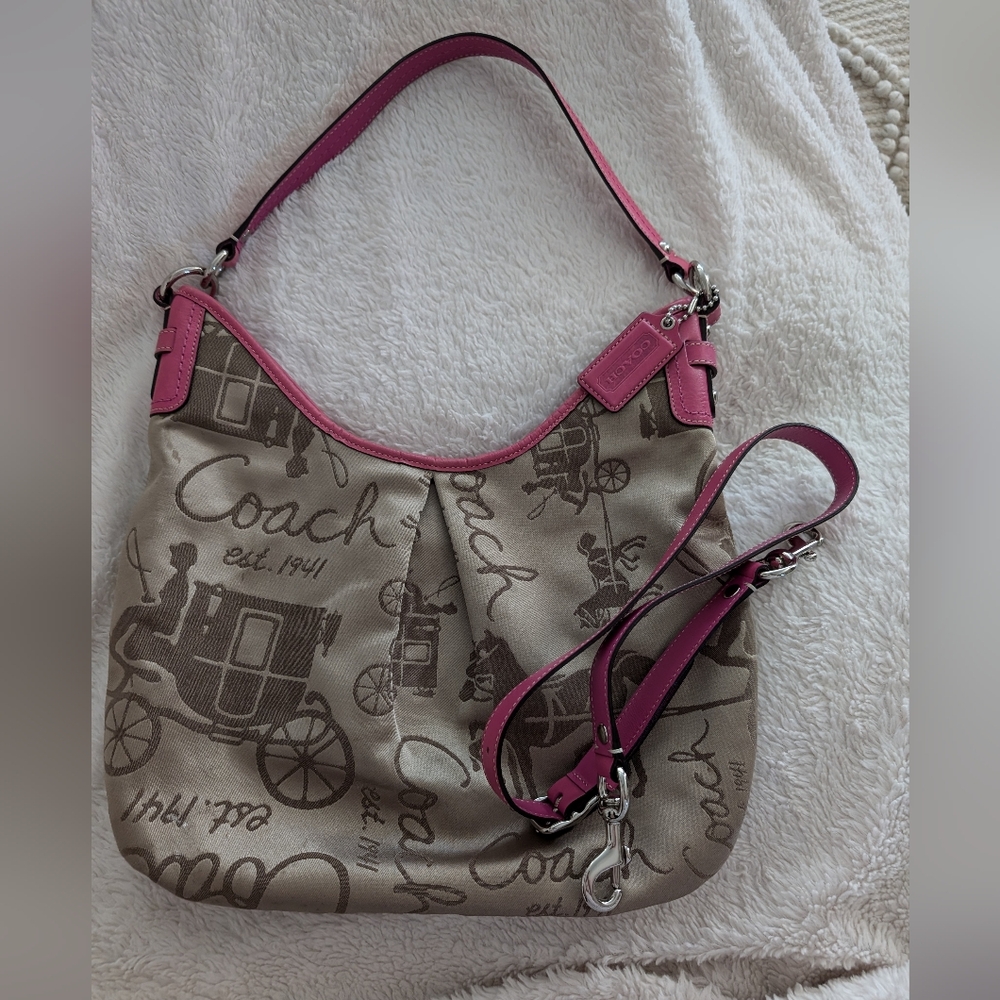 Pink Coach signature sateen Jacquard horse, carriage hobo, crossbody strap. Y2K